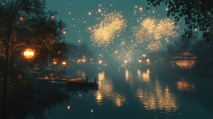 Fireworks reflect on a South Asian river, celebrating a festival with ample space for text