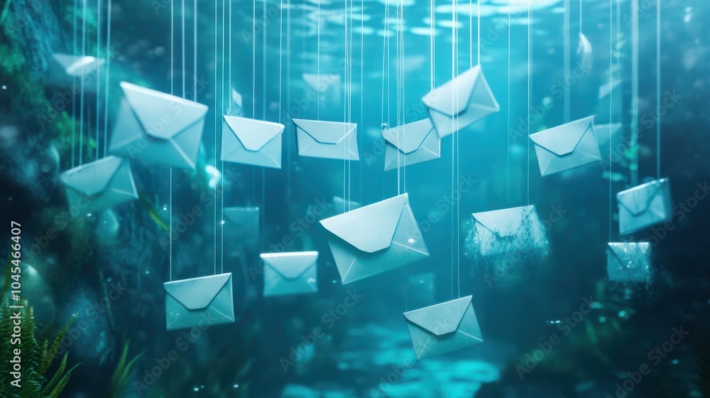 Aufkleber email envelopes suspended underwater by strings with a blurry aquatic background. concepts of email 