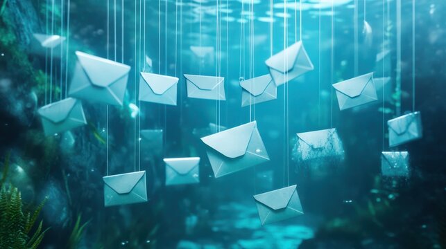 Email Envelopes suspended underwater by strings with a blurry aquatic background. Concepts of email phishing scam, communication.