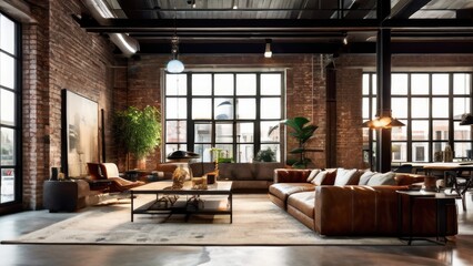 Modern industrial living room with large windows and stylish furniture.