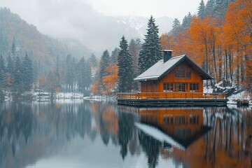 Fototapeta premium A wooden cabin on a snow-covered lake in a misty forest
