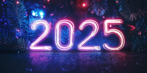 Neon 2025 sign glowing with christmas lights in background