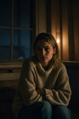 Fototapeta premium A young woman is seated alone in a dimly lit room, her posture slightly slouched, with her hands resting on her lap. Her eyes look down, and her expression reflects deep sadness, lost in thought. She 