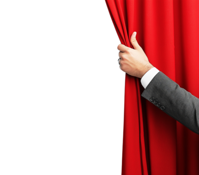 A man's hand opening red curtain isolated on transparent PNG or white background. Theatre decoration.