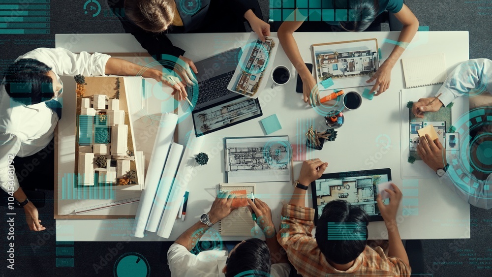 Poster top view of architect engineer measure blueprint by using architectural equipment while group of des