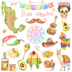 Cinco de Mayo watercolor set. Mexico design elements, chilli pepper, avocado, cactus, guitar, tequila, cowboy boots, sugar scull, llama, sombrero hat.