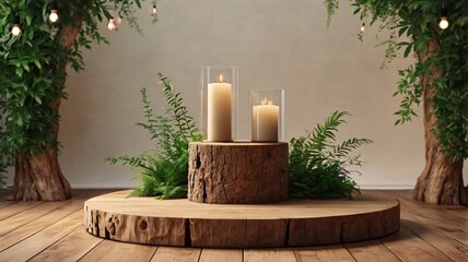 A empty wooden stump podium, adorned with lush greenery for a natural background
