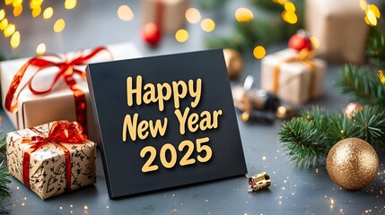 Elegant Golden Happy New Year 2025 Script with Shimmering Fireworks Backdrop  Festive and Luxurious Design for New Year Greetings Party Invitations and Holiday Promotions