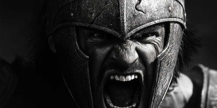 Angry spartan warrior screaming with mouth open wide
