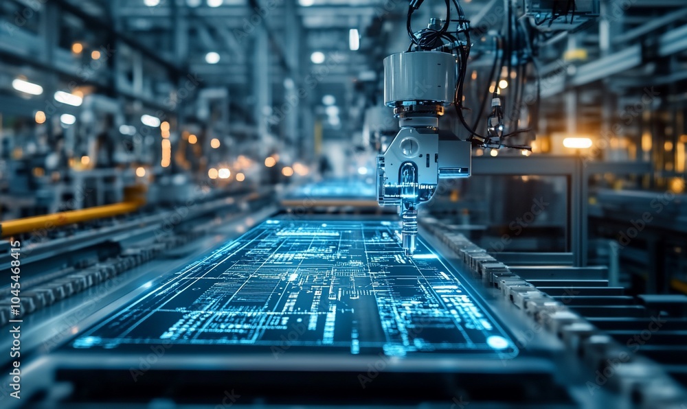 Poster robotic arm in a factory, assembling a circuit board.