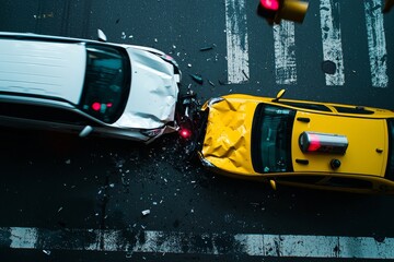 Yellow taxi and white SUV collision at a crosswalk in a rainy city, captured in dynamic motion