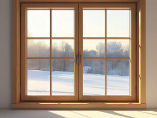 Frosty winter landscape seen through window