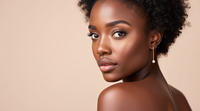 Elegant Black Female Model in High-Fashion Glamour Photography &ndash; Natural Beauty with Melanin Glow on Neutral Background