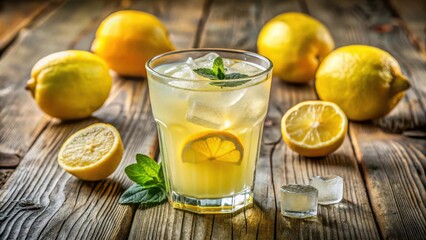 Fototapeta premium A Refreshing Glass of Lemonade with Ice Cubes and a Lemon Slice, Surrounded by Fresh Lemons and Mint Leaves on a Rustic Wooden Table
