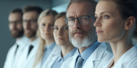 Fototapeta premium Team of medical professionals standing together in hospital wearing white coats
