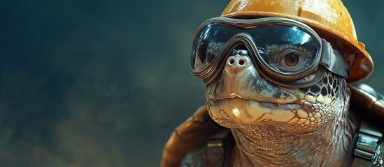A turtle wearing goggles and a hard hat, ready for work