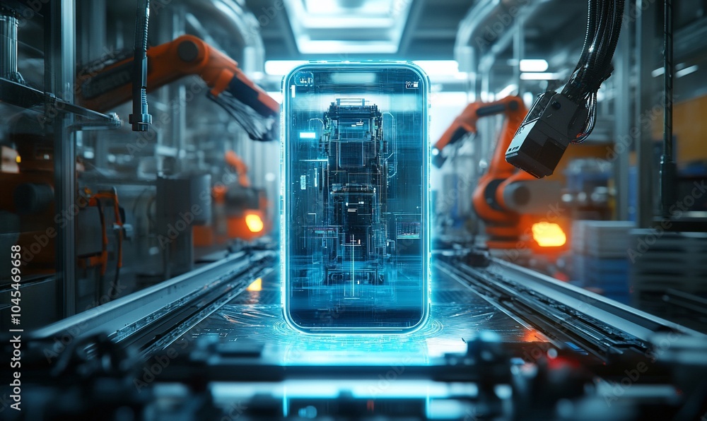 Aufkleber Smartphone on a conveyor belt in a factory with robotic arms working on it.