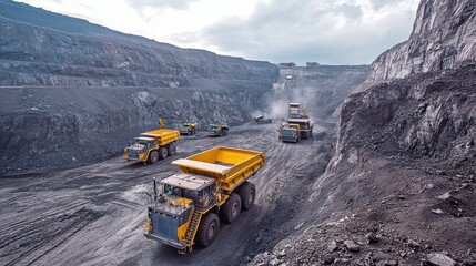 Autonomous mining equipment in operation, with self-driving trucks and robots working in a large-scale mine.