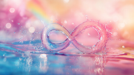 A swirling water splash shaped like an infinity symbol, with tiny rainbows emerging from where the water curves and breaks.