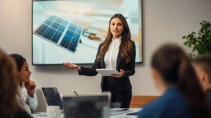 A businesswoman presenting a solar panel to a diverse group of investors.