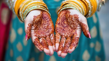 Guests celebrate a vibrant Indian wedding with colorful attire and beautiful henna on the bride
