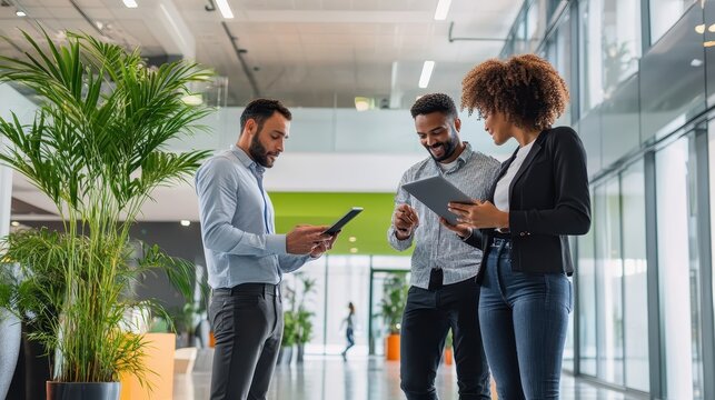 Close up of casual diverse managers with tablet at green corporate office.
