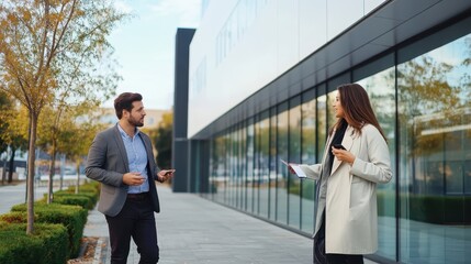 Fototapeta premium Business people having conversation walking outside modern office building.