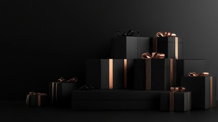 A black podium on a black background. There are black boxes with gifts nearby. An advertising concept on the theme of Black Friday, the day of discounts