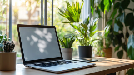 Laptop on desk with indoor plants near window