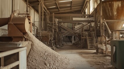 A factory showing mineral production, with industrial processes transforming raw materials into usable products.