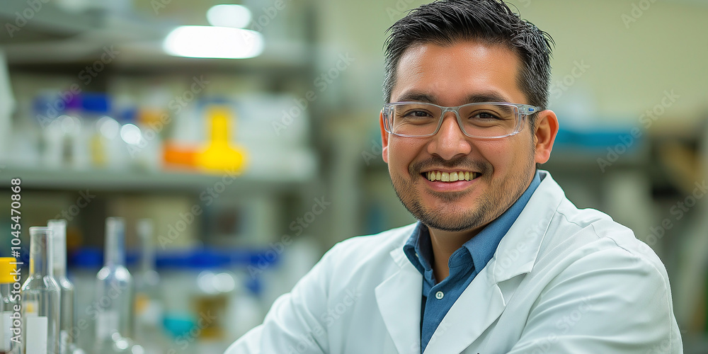 Poster Scientist smiling at camera working in laboratory