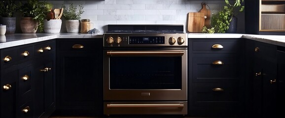 Fototapeta premium Modern kitchen with a gold oven and black cabinets.