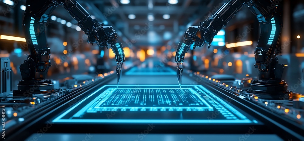 Poster Two futuristic robotic arms working on a digital interface in a factory setting.