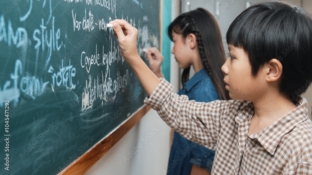 Poster side view of asian boy writing engineering prompt and programing system while standing blackboard wi