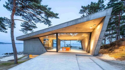 Fototapeta premium Stunning Lakeside Residence with Geometric Architecture and Scenic Forest Backdrop