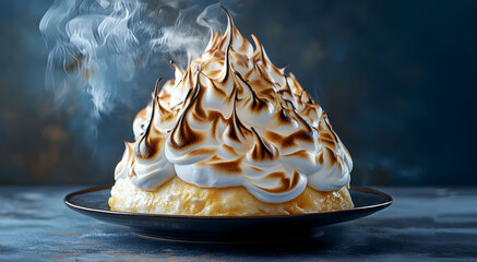 Deliciously crafted meringue dessert with a toasted finish, presented elegantly on a dark plate, perfect for special occasions and culinary delights