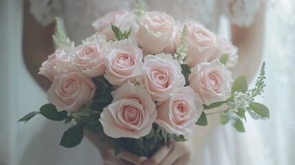 Holding Pastel Wedding Bouquet Pink Roses.