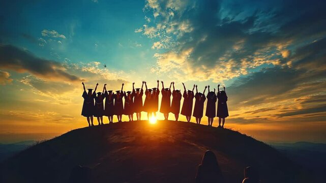 Silhouetted against a dramatic sunset, a group of graduates raise their arms in jubilation, celebrating their perseverance, hard work, and the dawn of a new chapter in their lives. Video