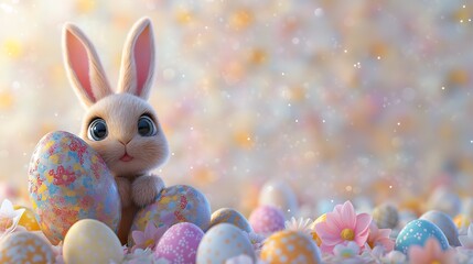 3D Easter banner featuring a cute bunny peaking out of easter eggs.
