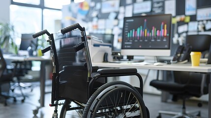 Wheelchair in an office setting with a computer screen displaying a colorful graph in the background.