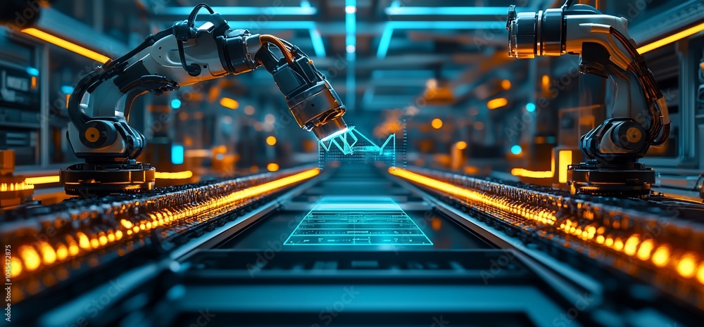 Aufkleber two robotic arms working together on a futuristic assembly line with a glowing blue screen between t