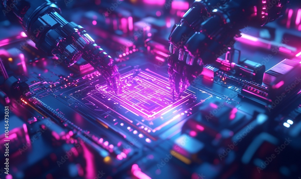 Aufkleber two robotic hands reaching towards a glowing circuit board with neon lights.