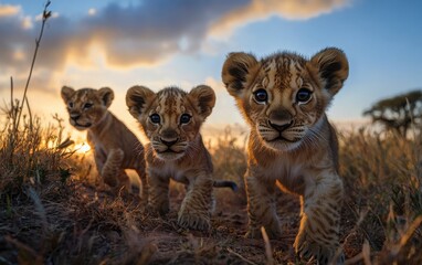 Obraz premium A stunning wildlife photography composition of lion cubs evolving from 3 to 9 months old, showcasing their growth and interaction in a vibrant savannah landscape 