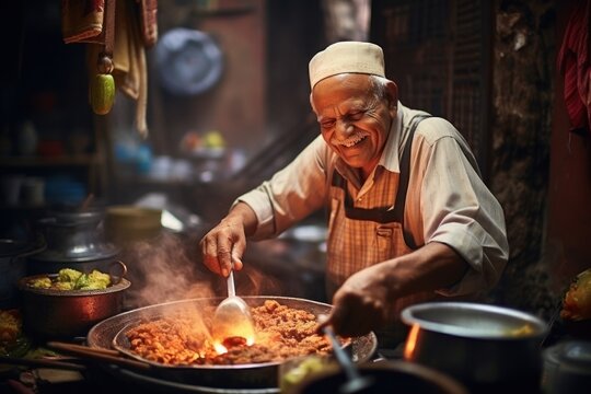 Pakistani elderly cooking south asian food adult street food.