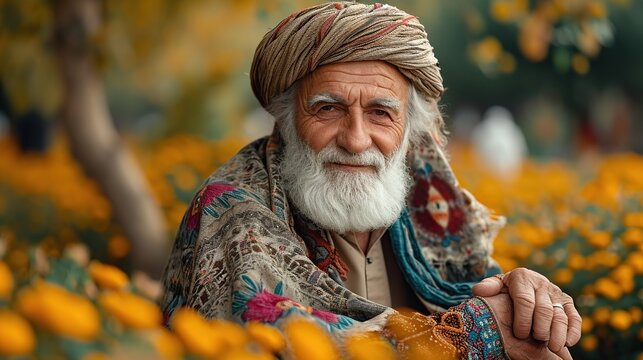 Close-up photo of an elderly Asian Muslim man with a white beard wearing a turban, full of authority.