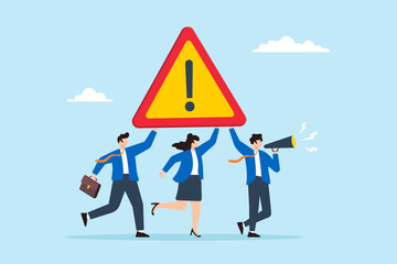 Flat illustration of business people carry attention sign with loudspeaker announcing important message or advertisement