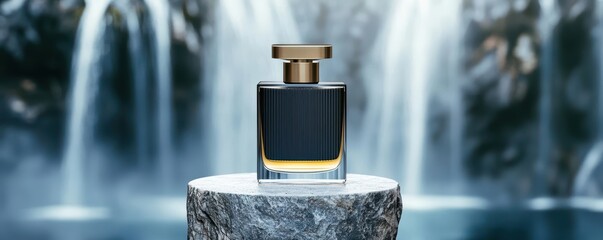Elegant perfume bottle on a stone, with cascading waterfalls in the background.