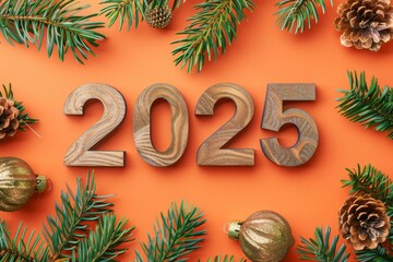 Celebrating the arrival of 2025 with festive decorations, pine branches, and holiday ornaments on an orange background. Top view