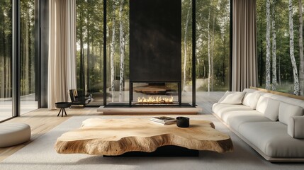 Live edge accent coffee table between two sofas by fireplace, Scandinavian home interior design of modern living room in house in forest.