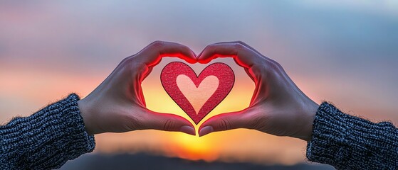 A pair of hands forms a heart shape against a beautiful sunset, symbolizing love and connection.